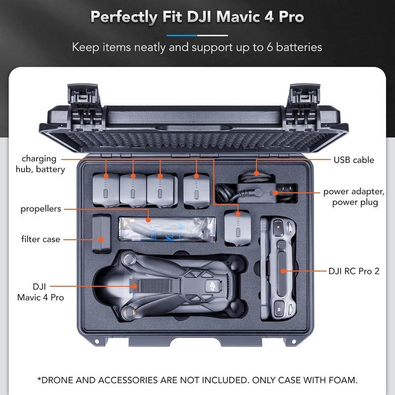 Lykus Titan M400 Waterproof Hard Case for DJI Mavic 4 Pro, DJI RC Pro 2/RC2, Fits up to 6 Batteries and Accessories in Fly More Combo/Creator Combo [CASE ONLY] - Image 2